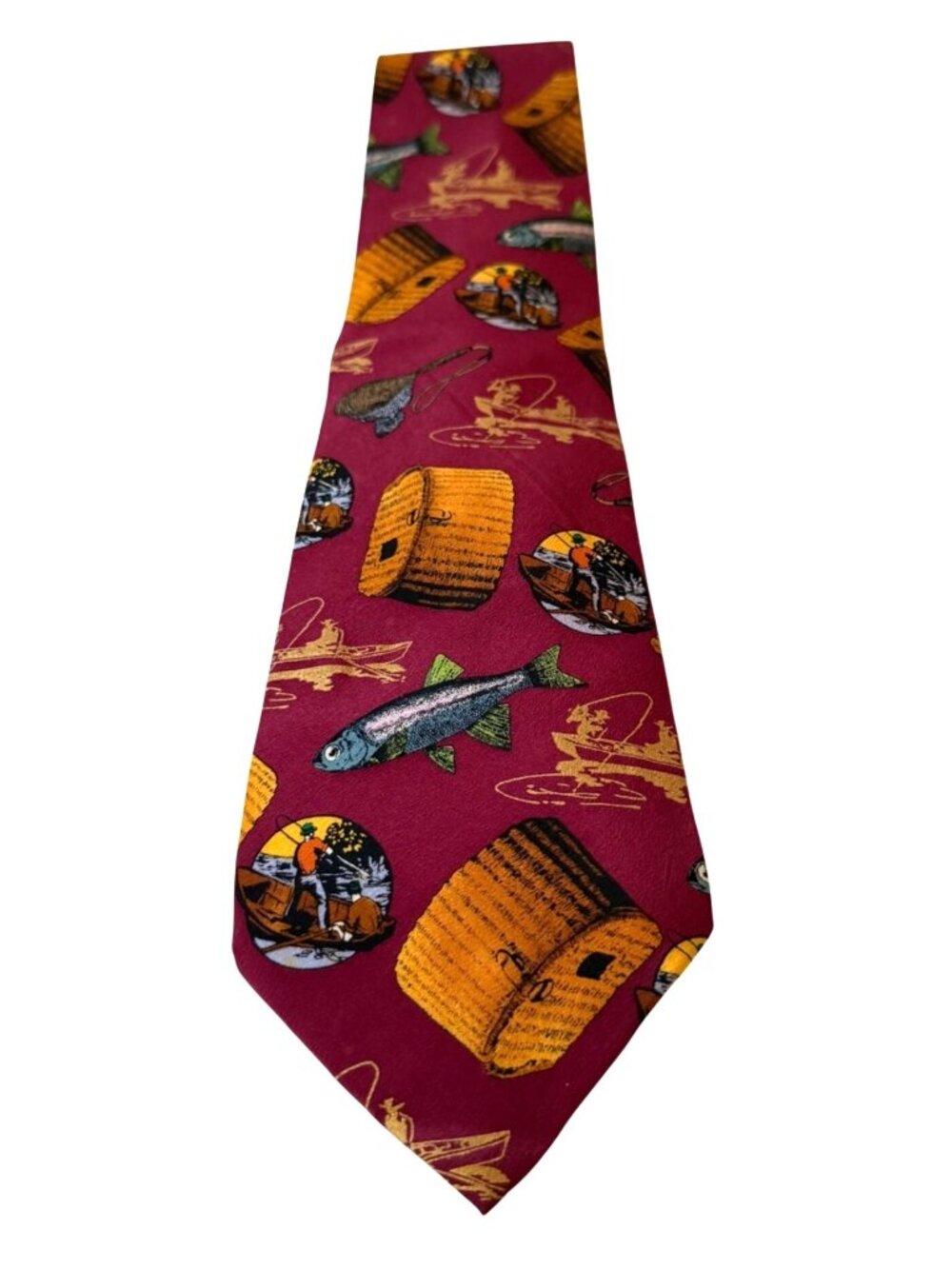 Vintage 1992 Lillian Vernon Silk Tie Fly Fishing Trout Creel Burgundy Korea